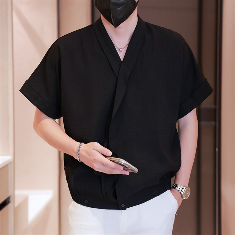 小伙无领纯色衬衫男休闲宽松风刺绣衬衣轻熟风A236-82577-P55图片
