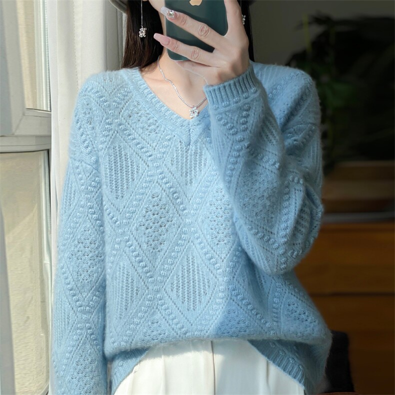 重磅加厚100纯羊毛V领毛衣女2025新款慵懒风绞花针织打底衫上衣冬,女装羊毛衫,大美人包芯纱店