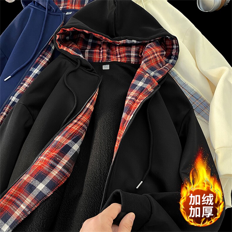 毛毯风格子开衫连帽卫衣宽松2026冬季潮牌加绒外套 A436-117-P60图片