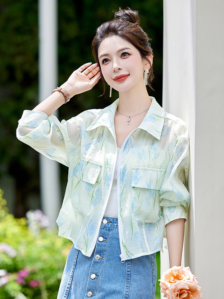 洋气减龄衬衫防晒衣薄外套女2024春夏新款宽松百搭空调衫夹克上衣,女装防晒衣,美静678