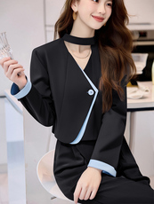 2025新款春季洋气不规则拼接西装外套长裤灰色套装女，女装套装/套裙，时尚俏佳人