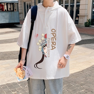 LD54161-P45 连帽短袖t恤男大码胖子带帽五分袖中袖图片