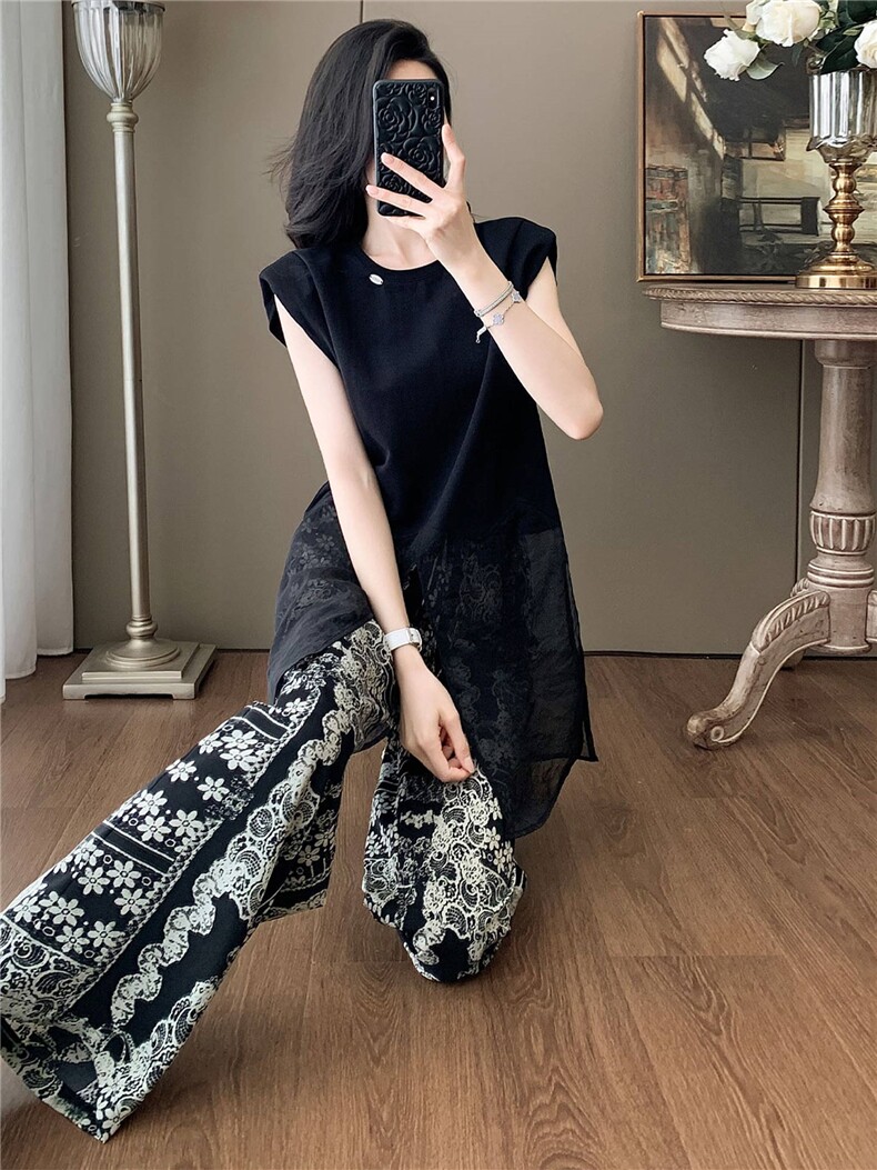 设计感小众时尚气质套装女夏圆领网纱拼接无袖上衣碎花长裤两件套,女装套装/套裙,江南