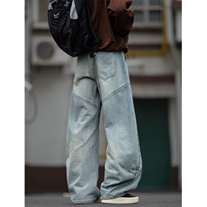 新款潮牌美式拼接水洗弯刀牛仔裤男复古宽松长裤N6458-特P45控88，男装牛仔裤，电商A001