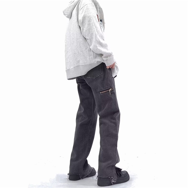 美式复古拉链开衩牛仔裤男ins潮牌高街vibe直筒小脚裤子K3177-P52图片