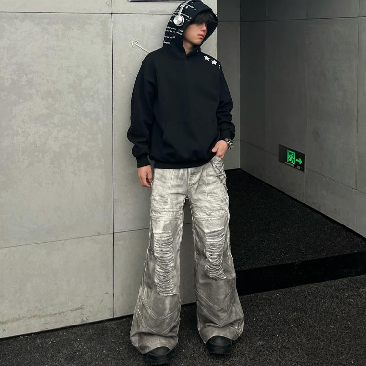 灰色简约高级感连帽卫衣男女秋冬宽松星星印花痞帅情侣帽衫外套潮,女装短外套,四季星座505