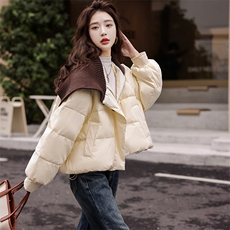 针织拼接咖色短款羽绒服女2024冬季新款韩系宽松设计感加厚面包服，女装羽绒服，曼娅璐