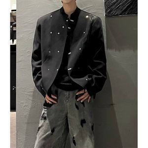 解构活页设计扣子新中式西服外套男垫肩立领斜门襟中山装夹克图片