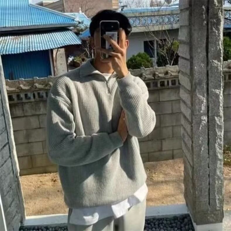 美式半拉链中高领针织衫男高级感宽松毛衣纯色百搭保暖套头衫,男装针织衫/毛衣,星座1210-1