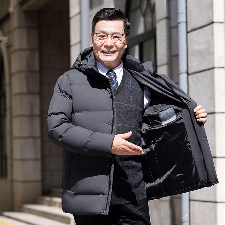 冬季中老年男士黑色中长款90羽绒服爸爸加厚御寒保暖上衣连帽外套,男装羽绒服,电商B212（原钱塘6029）