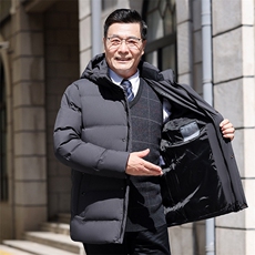 冬季中老年男士黑色中长款90羽绒服爸爸加厚御寒保暖上衣连帽外套，男装羽绒服，电商B212（原钱塘6029）