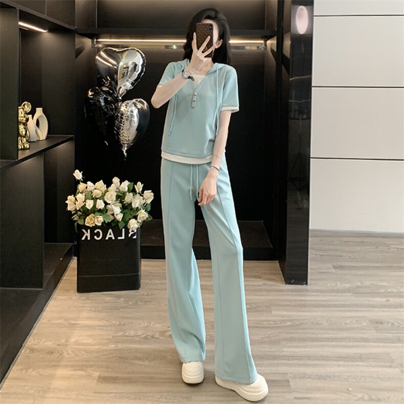 网红休闲运动套装女夏季新款假两件连帽短袖卫衣阔腿裤两件套潮流,女装套装/套裙,2C310