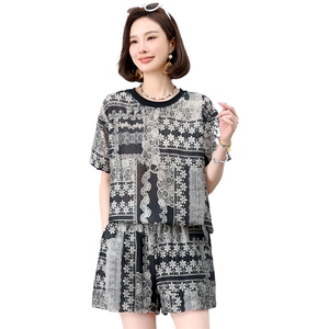 亚麻套装女2025年夏季新款时尚宽松中年妈妈大码棉麻短款两件套图片