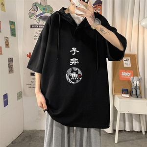 LD54070-P45 连帽短袖t恤男大码胖子带帽五分袖中袖 海报风图片