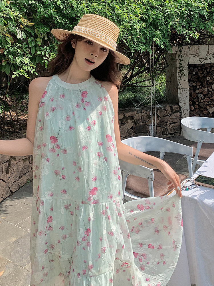 高级感海边度假扎染印花无袖露肩挂脖长裙女夏新款温柔茶歇连衣裙,女装连衣裙,浙宝305