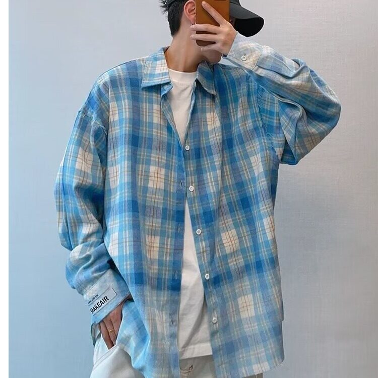 春季ins港风格子长袖衬衫男韩版潮牌情侣宽松百搭休闲bf衬衣图片
