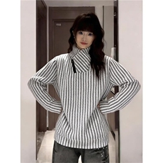 高品质春装新款老钱风美式高街鱼骨纹斜拉链解构高领卫衣长袖t恤，男装T恤，电商A486-1