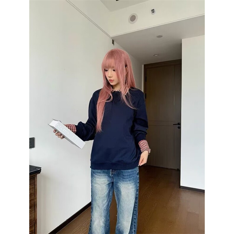 美式假两件格子拼接polo领卫衣春秋宽松设计感长袖上衣LAJ699-P45,男装卫衣,星座1008