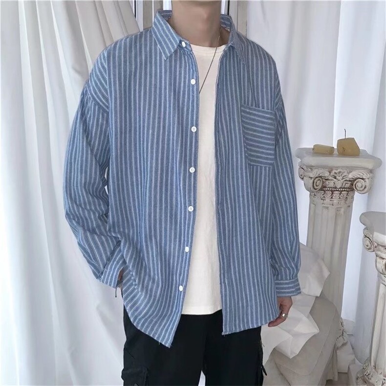 春秋季条纹衬衫男长袖复古日系宽松休闲百搭潮流外套CS135-P28,男装衬衫,星座208-5