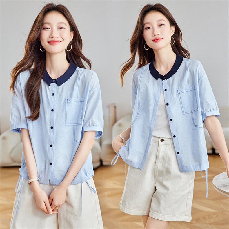 年轻妈妈装娃娃领短袖衬衫夏装新款洋气减龄小衫中老年半袖上衣，女装衬衫，简韵佳