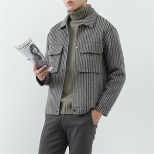 真模 阿尔巴卡双面羊绒条纹翻领外套毛呢大衣男 Y8889 P315控428图片