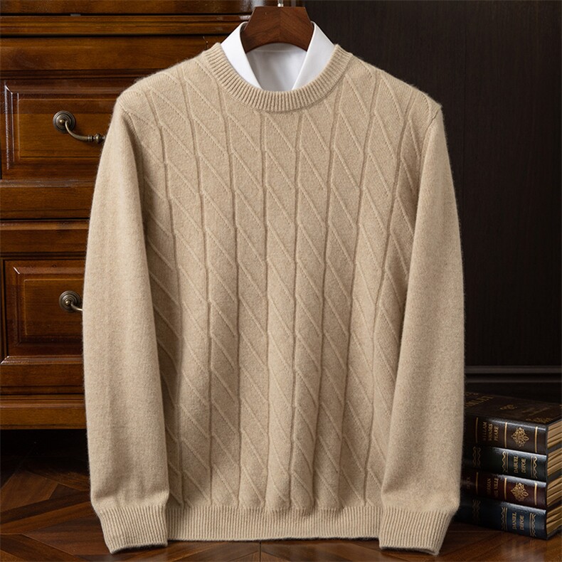 加厚纯棉无缝男士针织衫圆领套头毛衣新款提花保暖全棉内搭打底衫，男装羊绒套衫，欧力羊绒