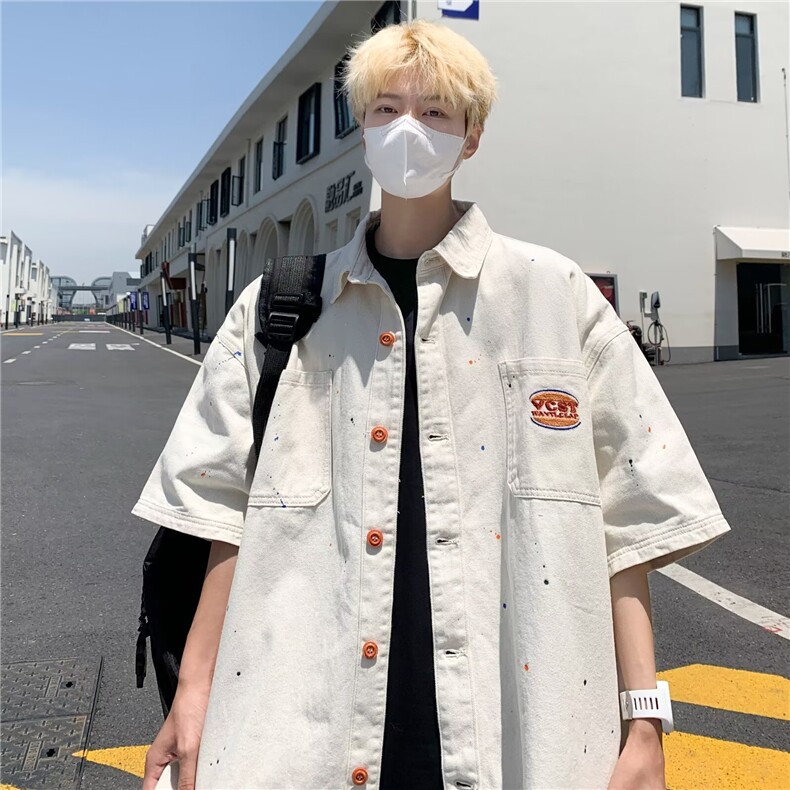 2024美式工装牛仔短袖衬衫男宽松纯色半袖衬衣外套CC983P55,男装衬衫,星座1108