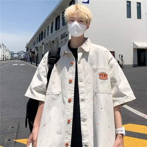 2024美式工装牛仔短袖衬衫男宽松纯色半袖衬衣外套CC983P55