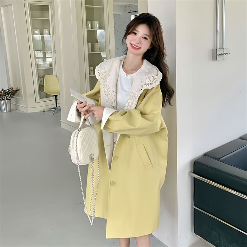 上新！2c113-8862-p195-k288时尚假两件拼接蕾丝帽风衣,女装风衣,2C113