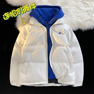 假两件连帽棉衣男冬季2022新款PU皮加厚保暖外套大码美式面包棉服图片
