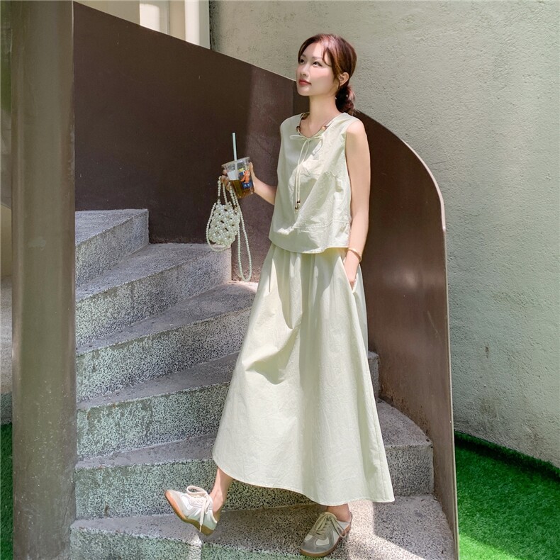 法式气质简约风套装女2025夏季新款时尚减龄系带背心半身裙两件套,女装套装/套裙,2C166