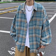 美式复古毛边蓝色格子衬衫男高级感春秋潮牌格纹衬衣C33-2/P42，男装衬衫，星座506