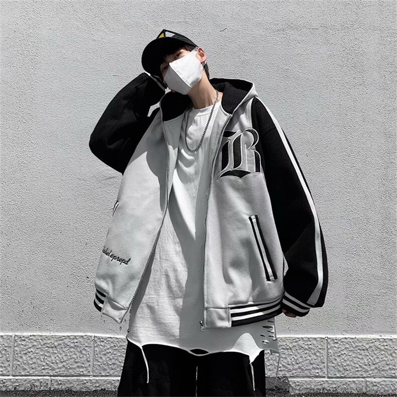 春季美式街头嘻哈连帽开衫夹克刺绣外套百搭潮牌棒球服WT245-p65图片
