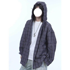 长袖衬衫男生夏季青少年连帽格子高级感防晒衬衣宽松垂感休闲外套，男装防晒衣，电商D256-2(原A064-2)
