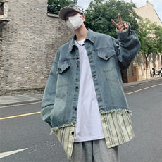 设计感条纹衬衫拼接假两件牛仔夹克男春美式休闲外套潮W6528-P60，男装夹克，星座412-3