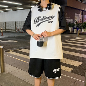 纯棉夏季短袖T恤套装青少年宽松潮流篮球服两件套男装F312P60控89图片