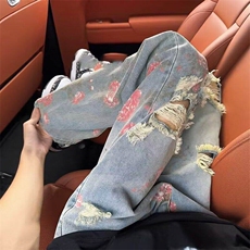 美式高街破洞牛仔裤女夏薄款玫瑰花卉裤子情侣ootd穿搭直筒微喇裤，男装牛仔裤，星座1008