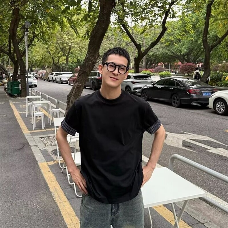 【有货】DTA200-P48浅灰色假两件短袖男夏季拼接格子翻边袖T恤图片