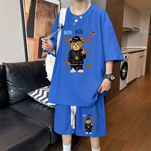 华夫格两件套男士夏季薄款宽松大码短袖T恤上衣运动帅气短裤套装图片