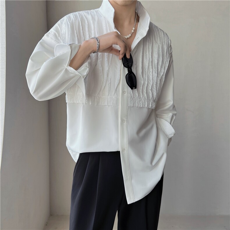 轻熟风小众抽褶条纹衬衫立领设计感衬衣演出服CY17/P35,男装衬衫,电商A243