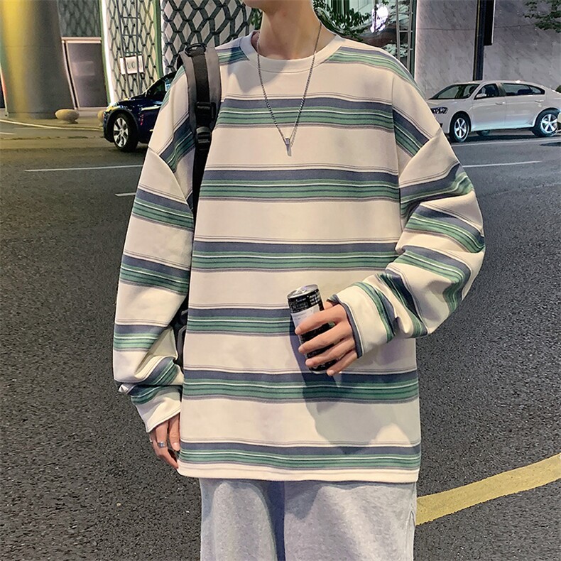 港风麂皮绒圆领条纹拼接卫衣男宽松长袖T恤打底衫Y5532P45,男装T恤,星座1204-3
