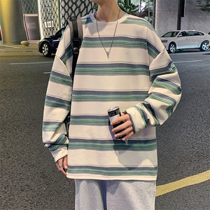 港风麂皮绒圆领条纹拼接卫衣男宽松长袖T恤打底衫Y5532P45,灰色灯芯绒直筒裤搭配什么上衣图片