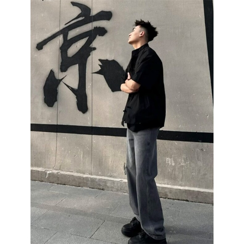 网络图现货！！新中式盘扣短袖衬衫高级感设计感小众R3376-P58,男装衬衫,星座1005-6