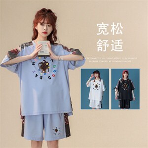 中性风 2023夏季新款腰果花字母印花冰丝华夫格套装TZ952 P65控88图片