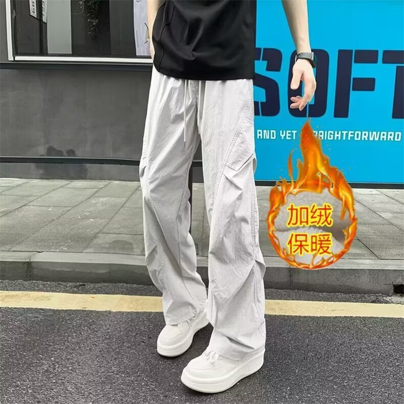 男褶皱加绒高街复古宽松直筒阔腿休闲长裤子XK77加绒-P45,男装卫衣,星座208-5