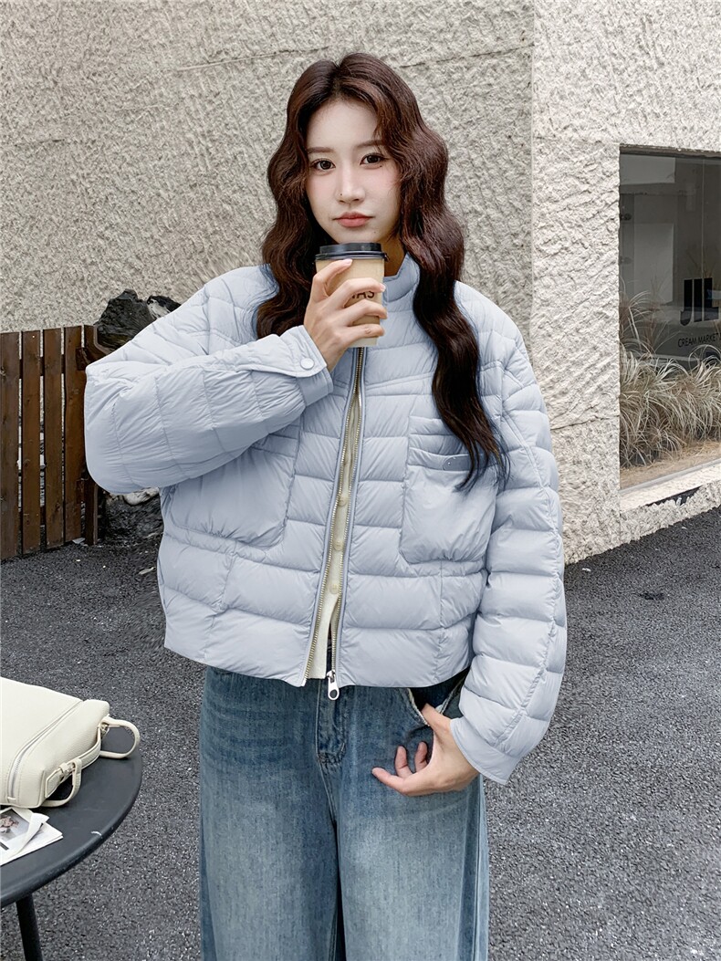 极简风休闲轻羽绒服女2025冬季新款韩系立领保暖白鸭绒百搭厚外套,女装羽绒服,玖莱伊