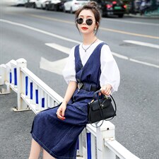 2022韩版时尚新品牛仔背带裙修身显瘦气质长裙百搭潮流女装连衣裙，女装连衣裙，钱塘布衣
