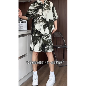 1水墨扎染短裤男短袖衬衫男套装男M-5XL大码TZ78714P50控98模特图图片