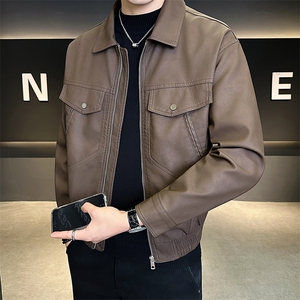 25880-P145-M-4XL店主风秋季假口袋设计男士翻领皮衣夹克休闲外套图片