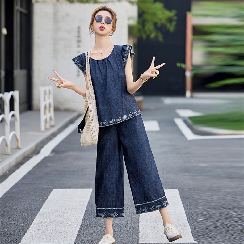 现货！夏季新款套装女2025时尚气质优雅减龄牛仔刺绣两件套装,女装套装/套裙,涵墨